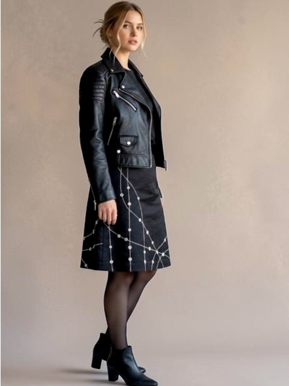 Sport Collection Cotton Black A-Line Skirt with Embroidery & Buttons, SZ 22